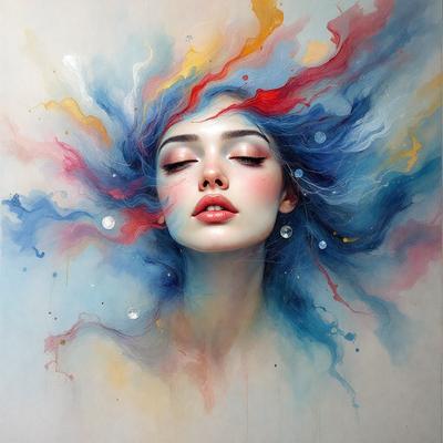 The primary subject of the image is a woman with blue hair, who is the main focus of the painting. She is depicted with a pouting mouth and is surrounded by a colorful and vibrant background. The visual style of the painting is a combination of digital art and illustration, creating a unique and eye-catching image. The colors and mood of the painting are lively and energetic, with the woman's blue hair and the vivid colors of the background creating a striking and memorable scene.